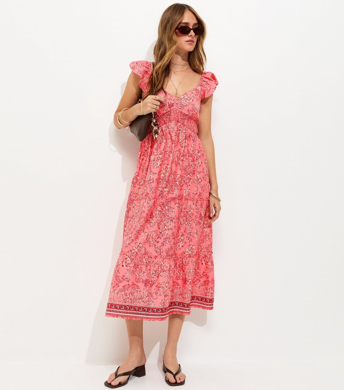 New Look Women's Pink Floral Print Crepe Frilly Sleeve Midi Dress New Look