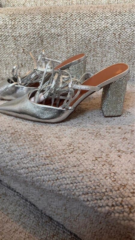 ASOS embellished tie leg block heeled shoes in silver