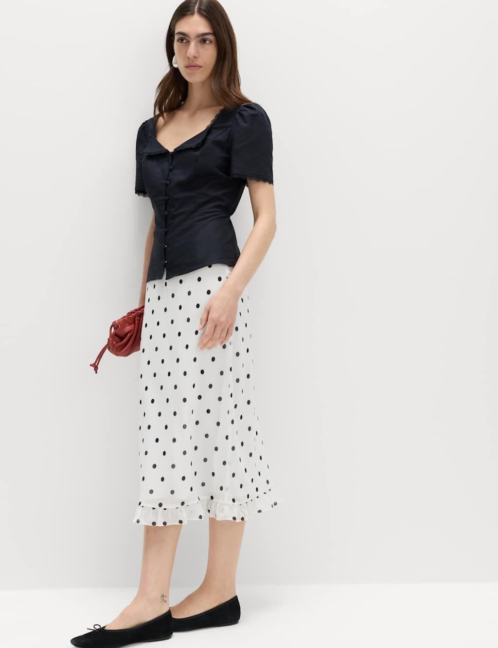 Marks & Spencer M&S Polka Dot Knee Length Slip Skirt Ivory Mix