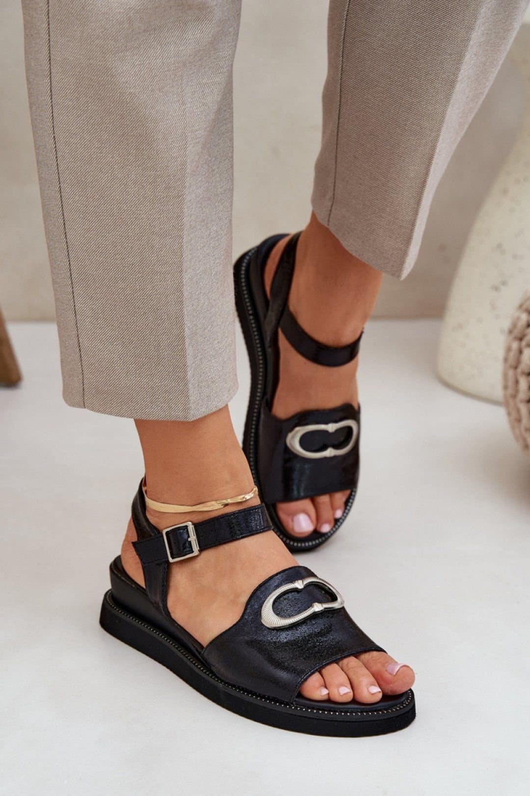 Love Lace Love Lace Women's Jezzi Wedge Sandals with Adjustable Buckle Strap Front Detail in Black