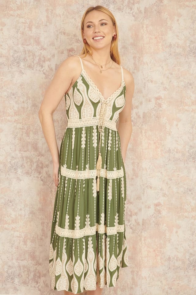 Yumi Yumi Women's Green Viscose Paisley Print Lace Trim Midi Sun Dress - 2