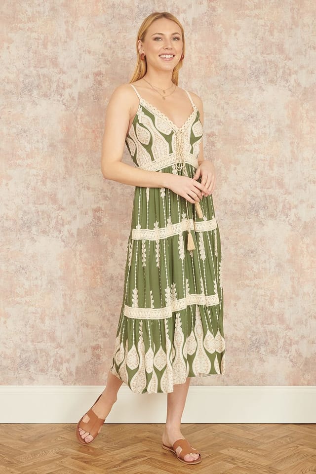 Yumi Yumi Women's Green Viscose Paisley Print Lace Trim Midi Sun Dress - 3