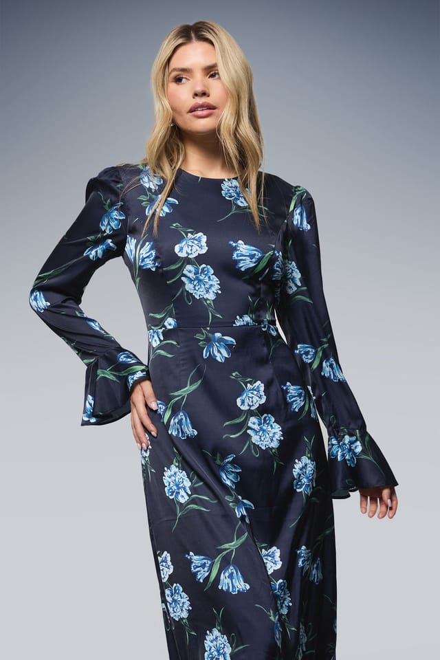 Dorothy Perkins Dorothy Perkins Women's DP Luxe Printed Satin Double Frill Hem Maxi Dress in Navy - 2