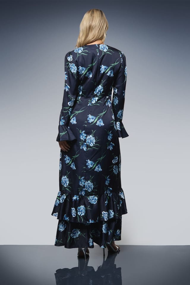 Dorothy Perkins Dorothy Perkins Women's DP Luxe Printed Satin Double Frill Hem Maxi Dress in Navy - 3