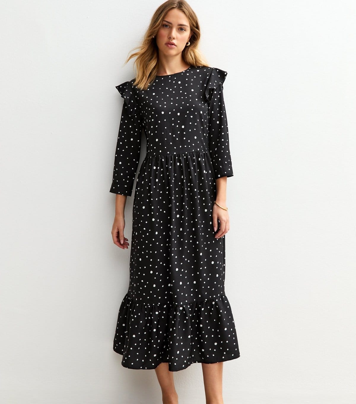 Urban Bliss Black Polka Dot Ruffle Trim Midi Dress