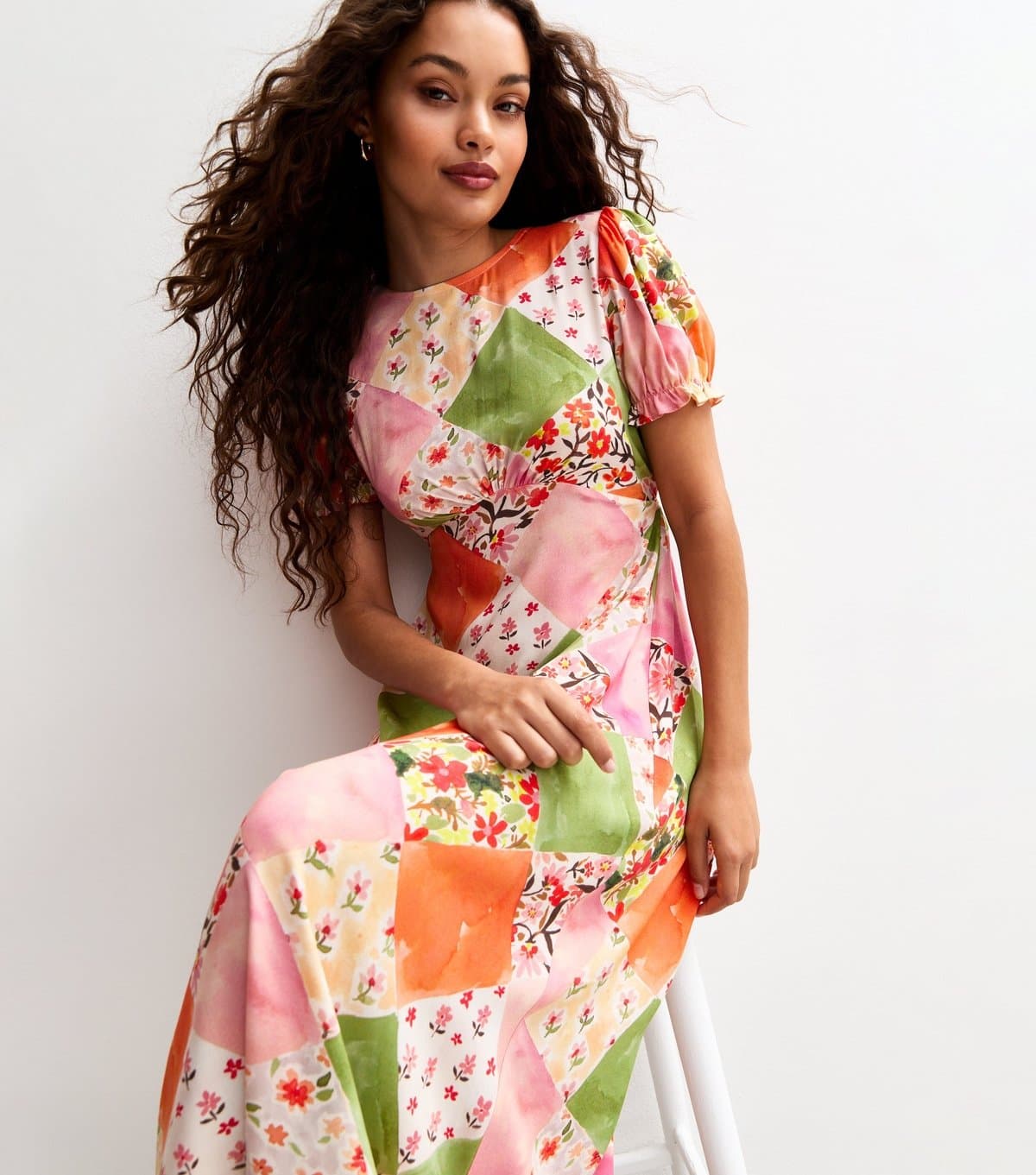 New Look Women's Petite Orange Patchwork Print Midi Dress New Look