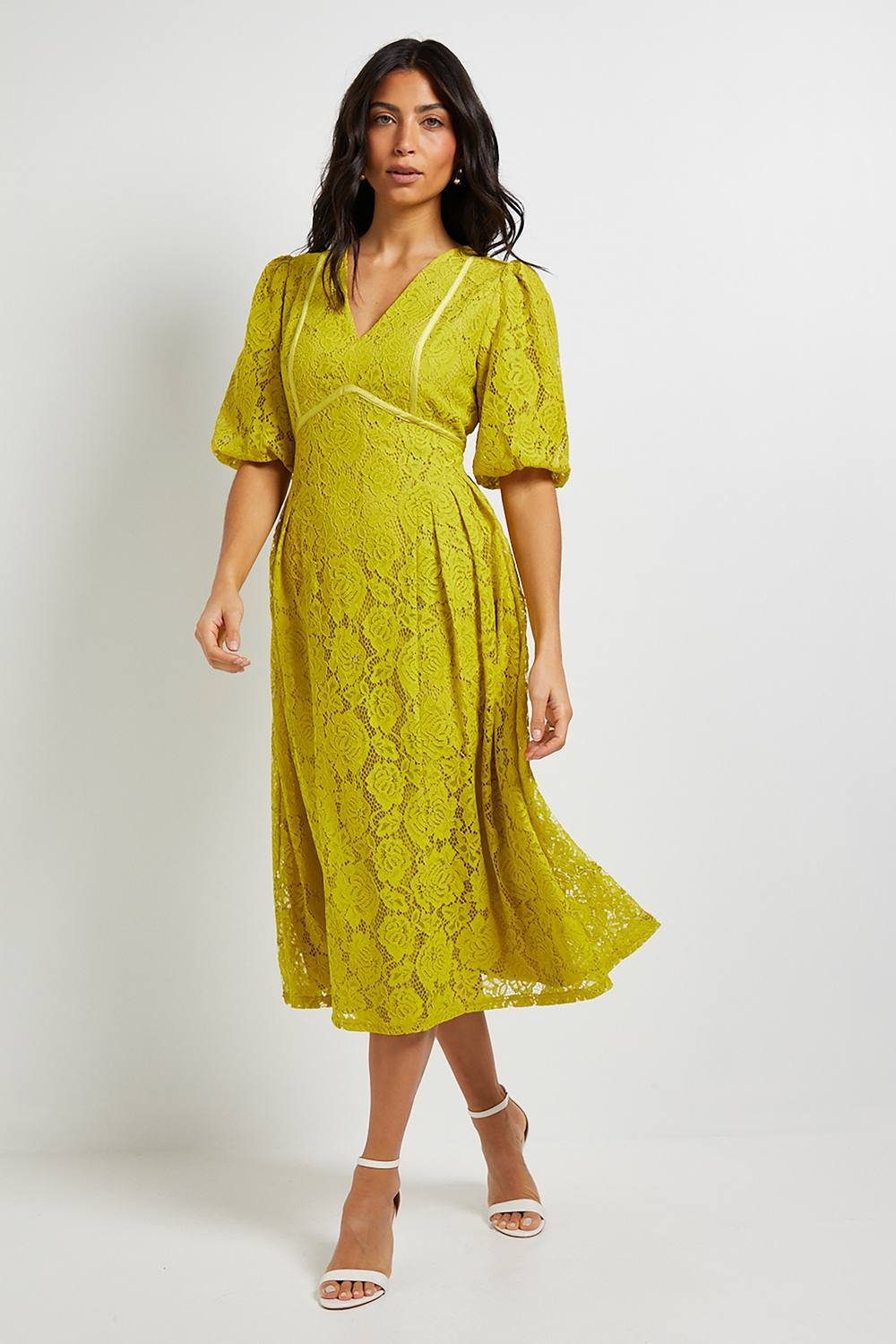 Wallis Wallis Women's Lace Puff Sleeve Midi Dress in Chartreuse - 2