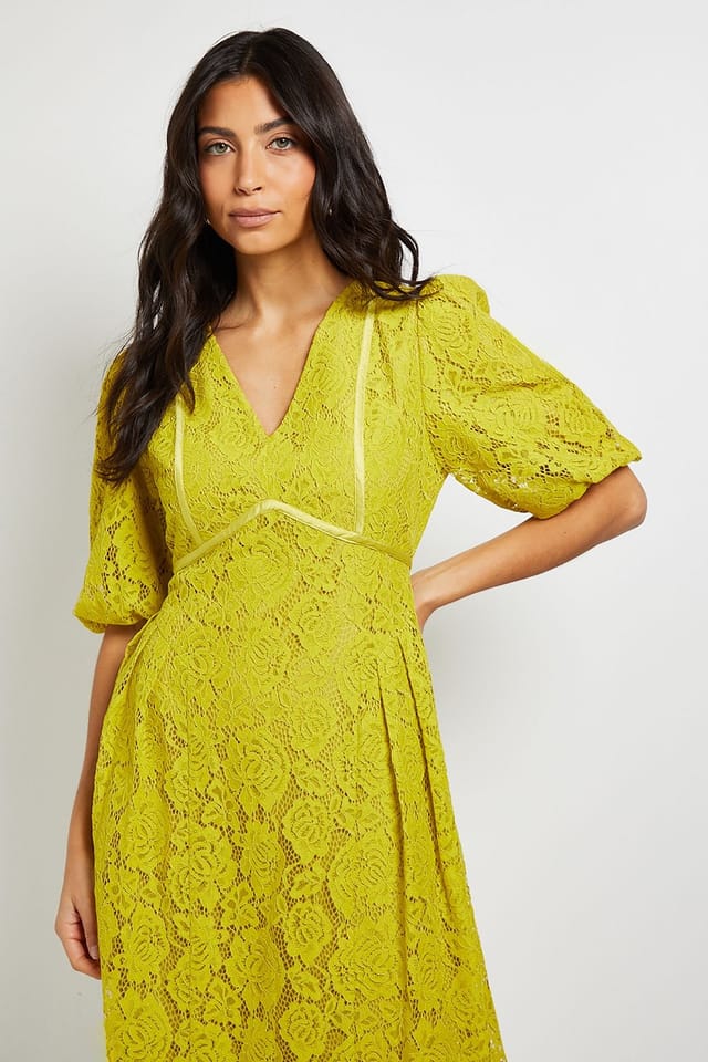 Wallis Wallis Women's Lace Puff Sleeve Midi Dress in Chartreuse - 2