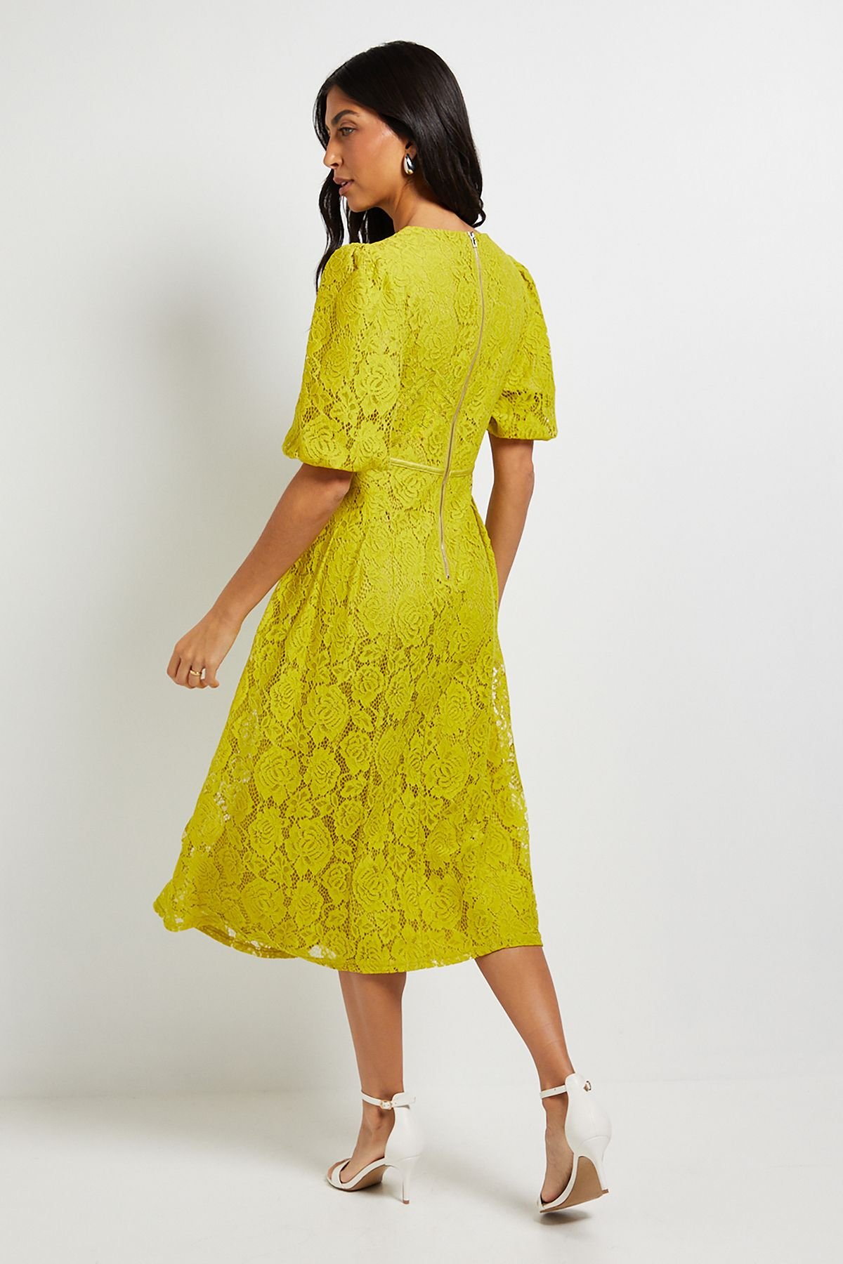 Wallis Wallis Women's Lace Puff Sleeve Midi Dress in Chartreuse - 3