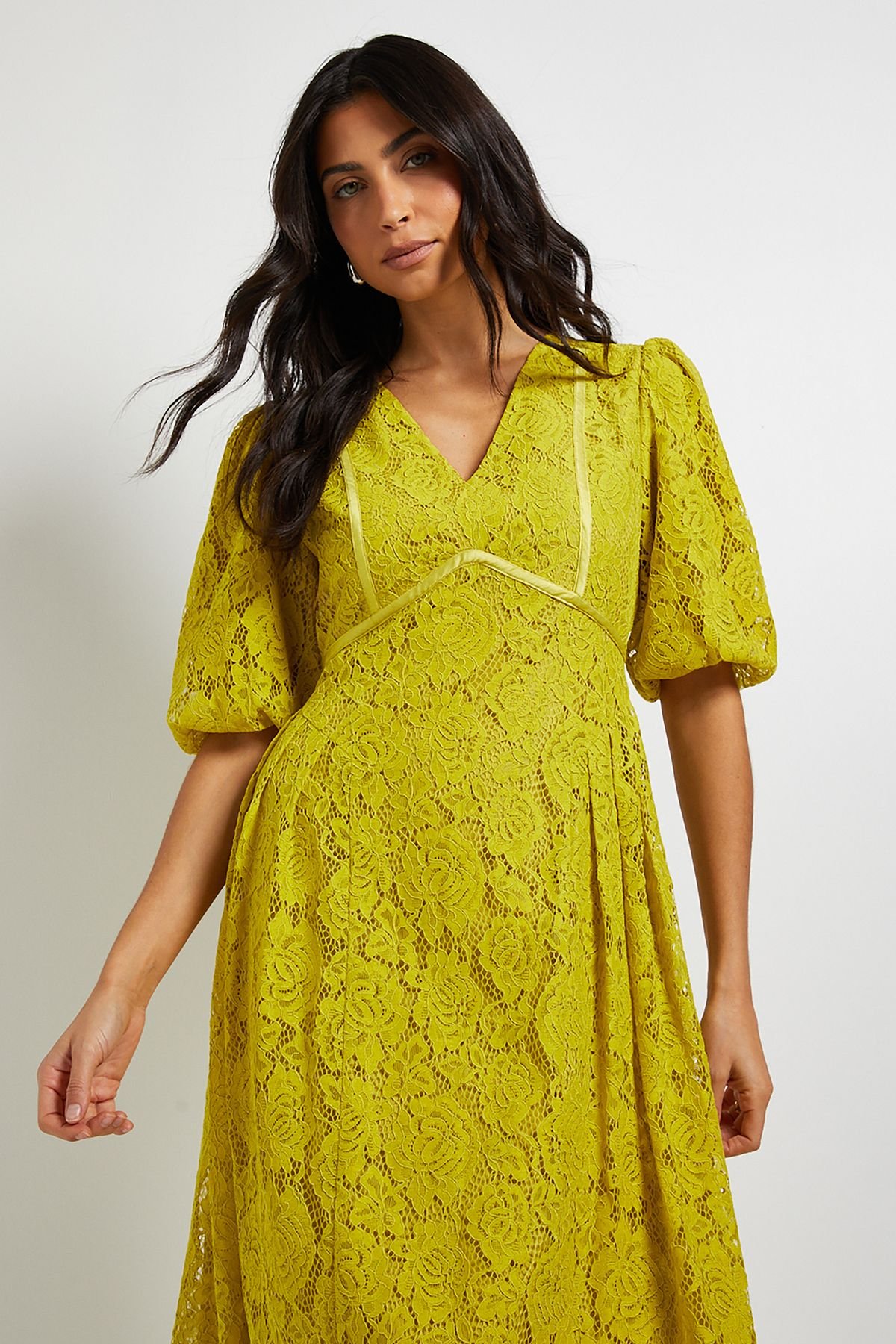 Wallis Wallis Women's Lace Puff Sleeve Midi Dress in Chartreuse - 4