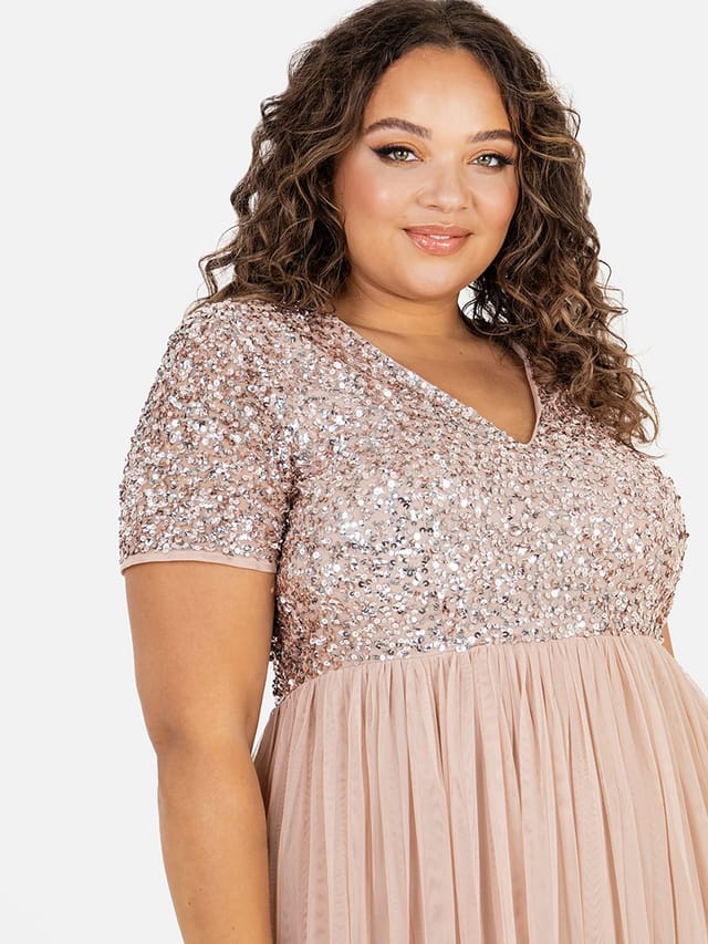 Maya Deluxe Maya Deluxe Women's Short Sleeve V Neck Embellished Maxi Dress in Taupe - 2