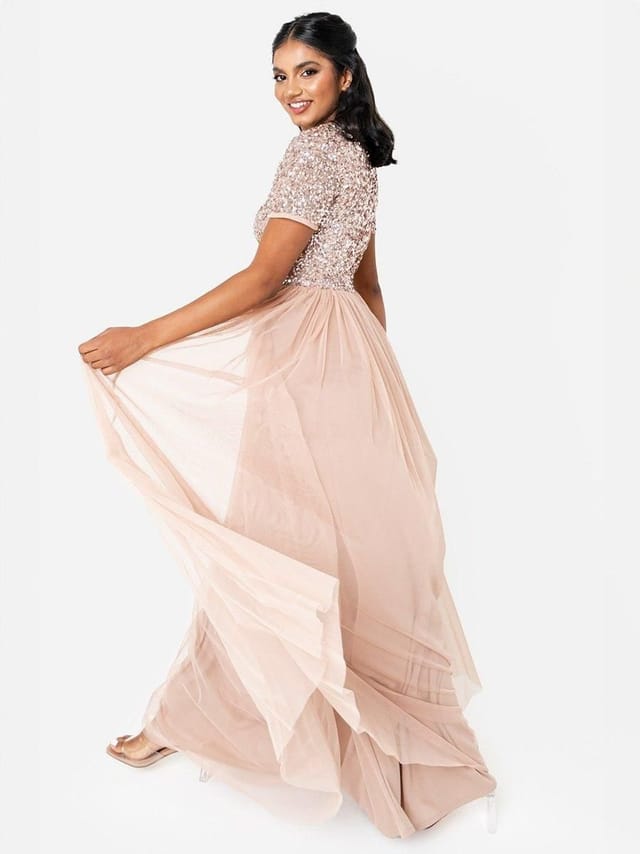 Maya Deluxe Maya Deluxe Women's Short Sleeve V Neck Embellished Maxi Dress in Taupe - 3