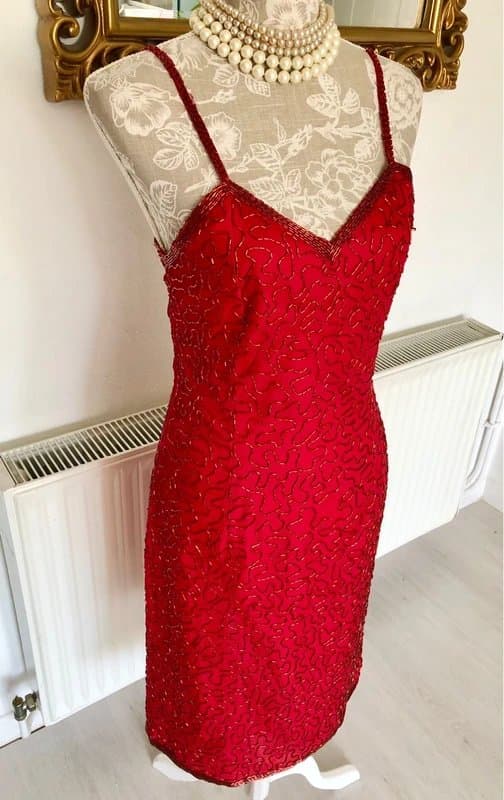 After SIx Vintage 70s-90s, Y2K Silk 100% Red Sequined Embellished Dress