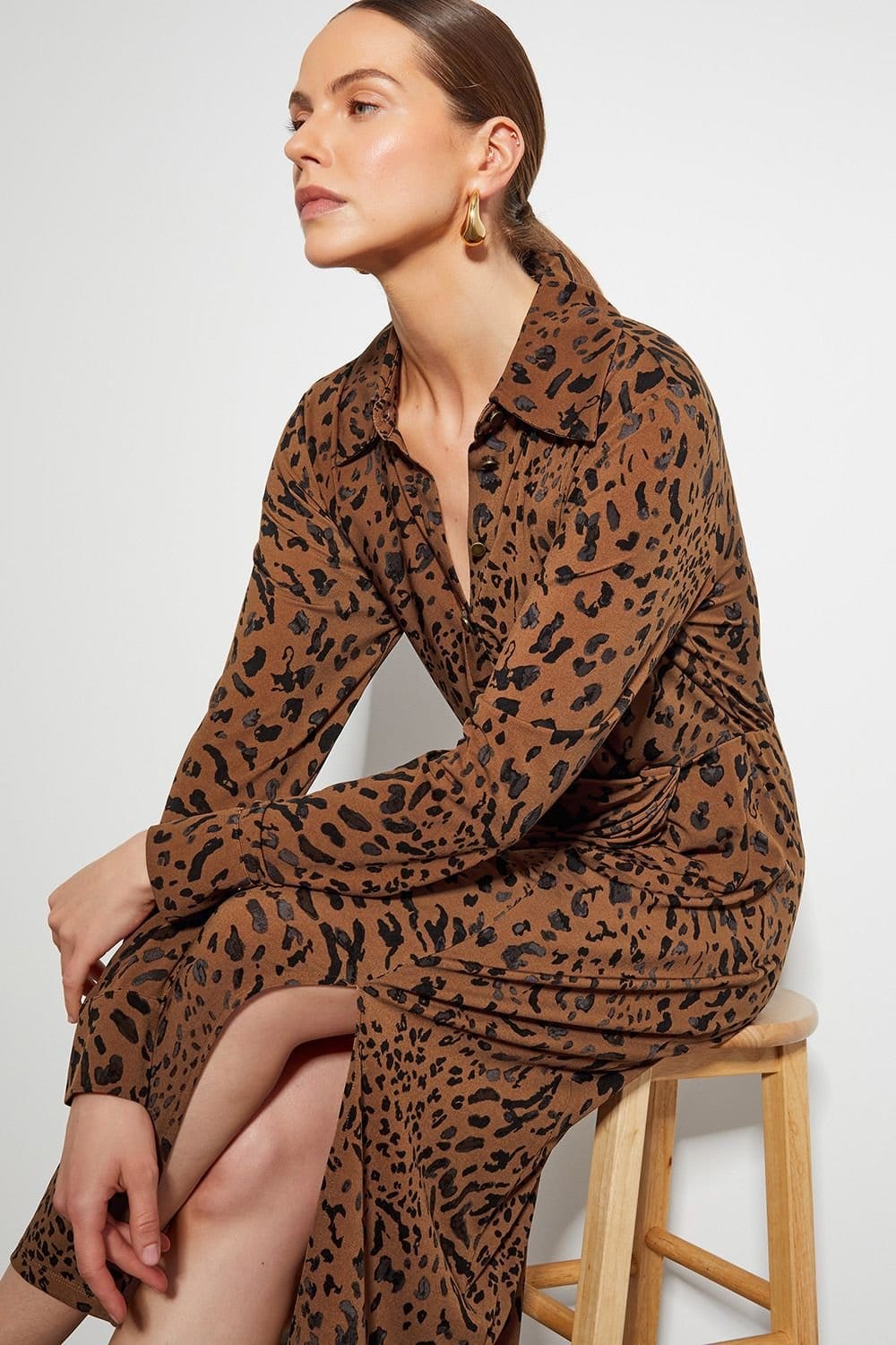 Monsoon Brown Leopard Print Jersey Midi Dress