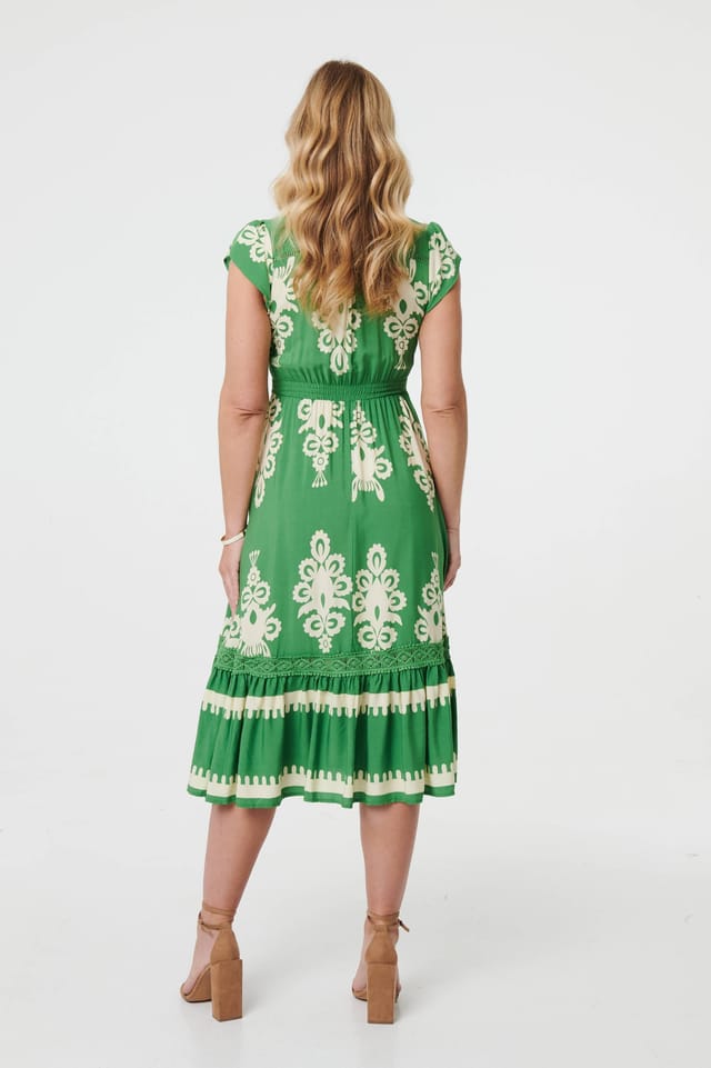 Izabel London Izabel London Women's Ikat Print Cap Sleeve Shirred Midi Dress in Green - 3