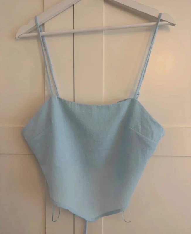 Bershka Bershka Baby Blue Linen Blend Tie Back Cami Top Size M Y2K Coquette Summer Festival