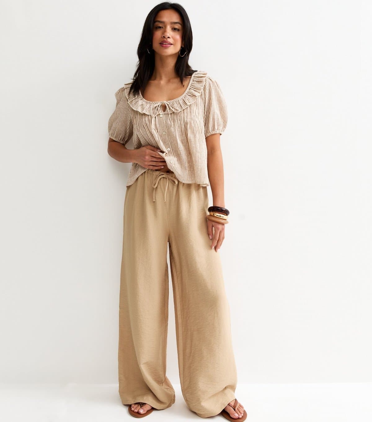 New Look Women's Petite Stone Drawstring Wide Leg Trousers New Look