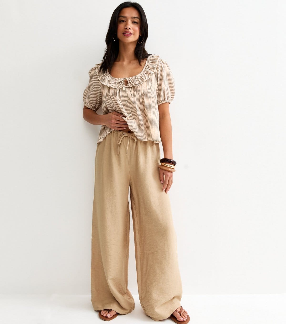 Women's Petite Stone Drawstring Wide Leg Trousers New Look