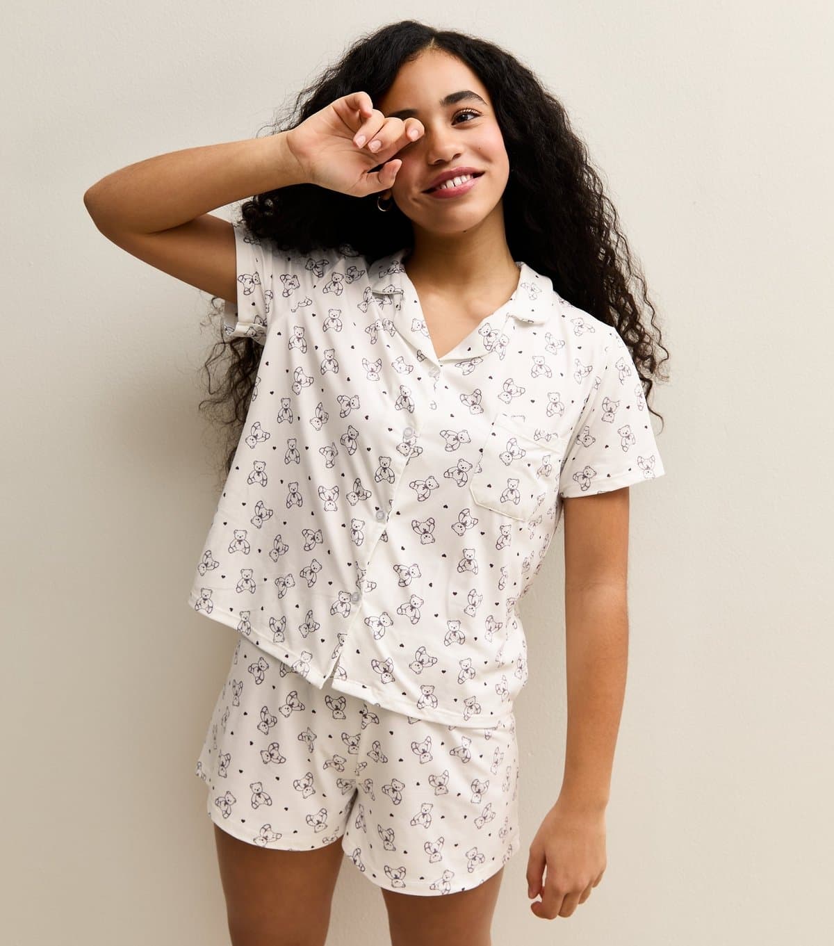 New Look Girls' Cream Teddy Bear Print Shirt and Shorts Pyjama Set New Look