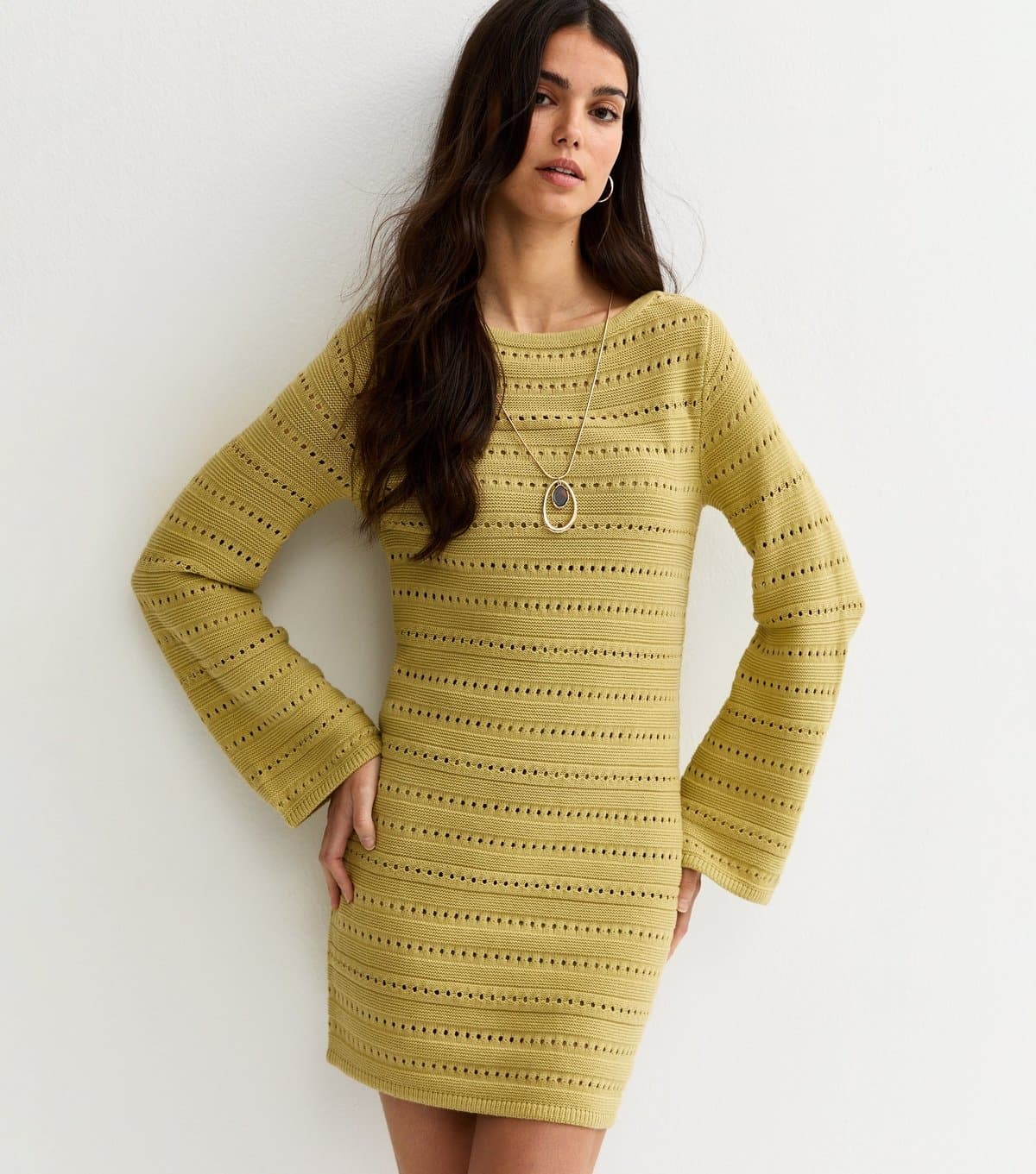 New Look Women's Green Cotton Rich Pointelle Slash Neck Mini Dress New Look