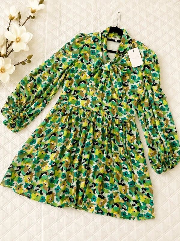 Ted Baker Ted Baker London Floral Mini Dress with Pussy Bow – Green Print – BNWT - Size 10
