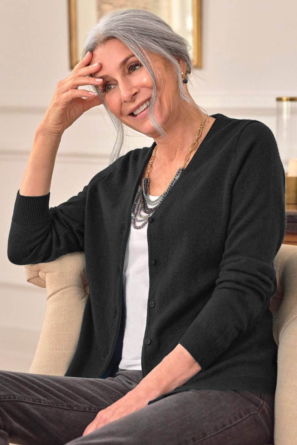 WoolOvers WoolOvers Women's Cashmere Merino Classic V Neck Cardigan in Black - 4