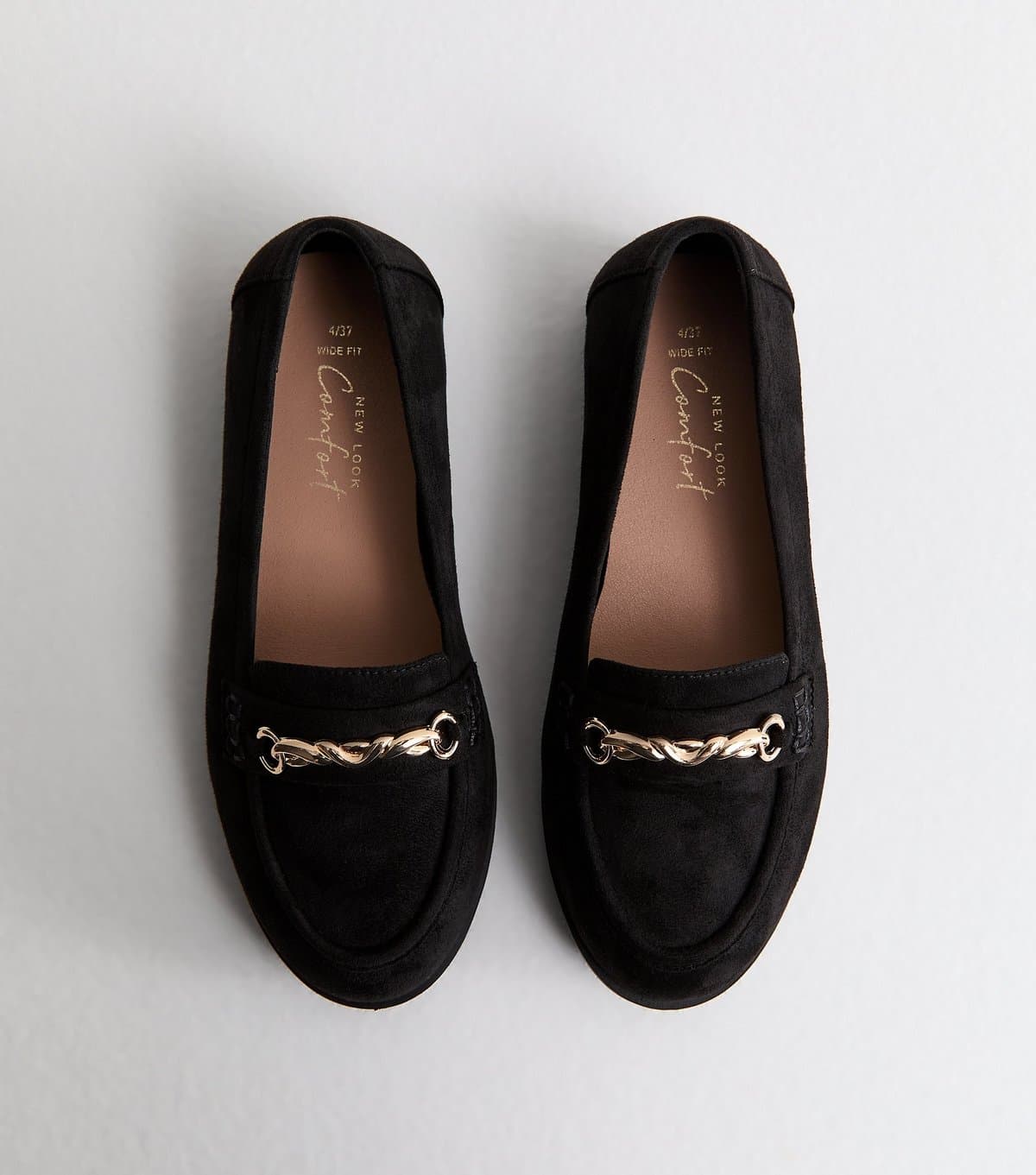 New Look Women's Wide Fit Black Faux Suede Chain Loafers Vegan New Look