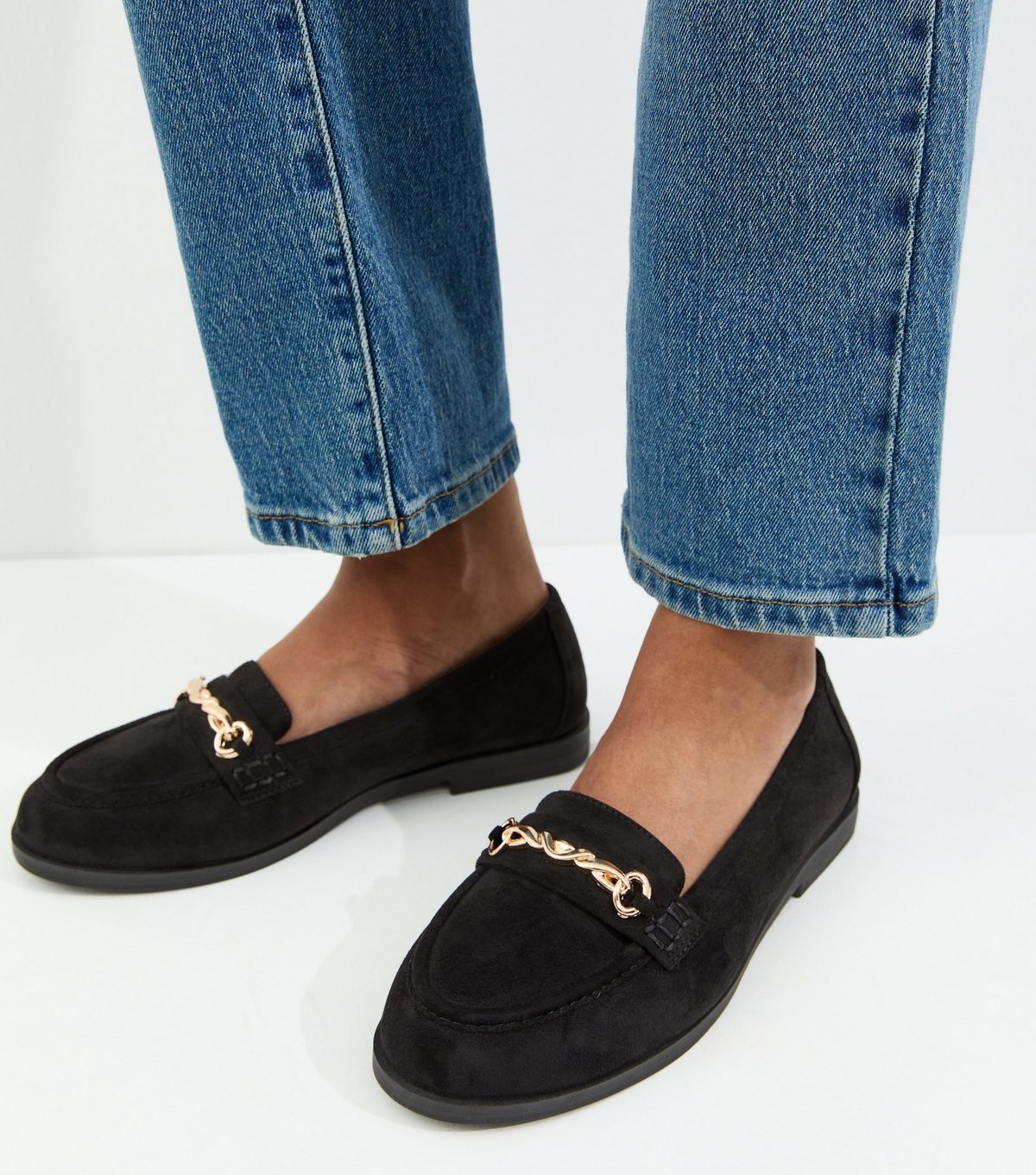 New Look Women's Wide Fit Black Faux Suede Chain Loafers Vegan New Look - 2