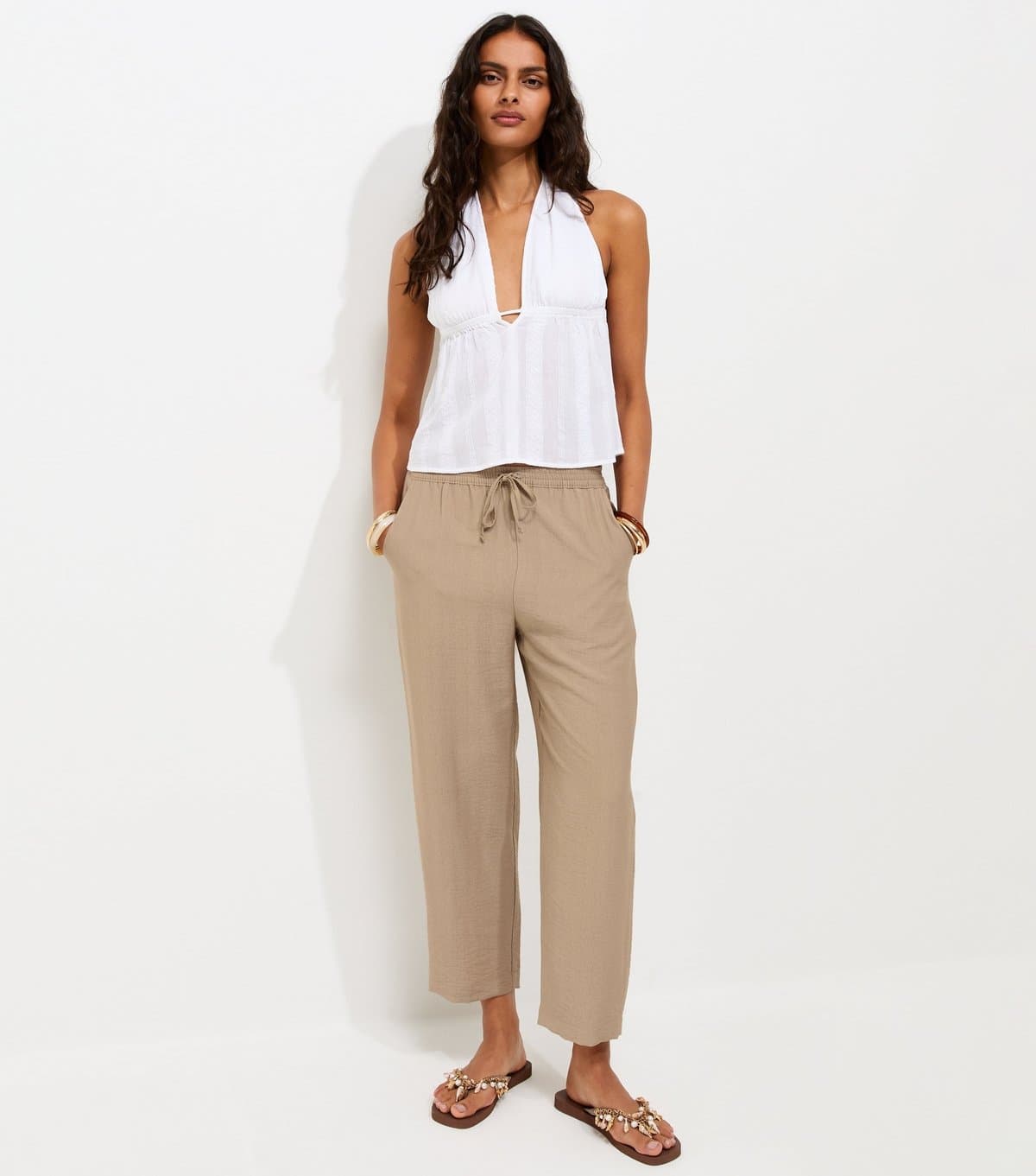New Look Women's Stone Woven Ankle Grazer Trousers New Look