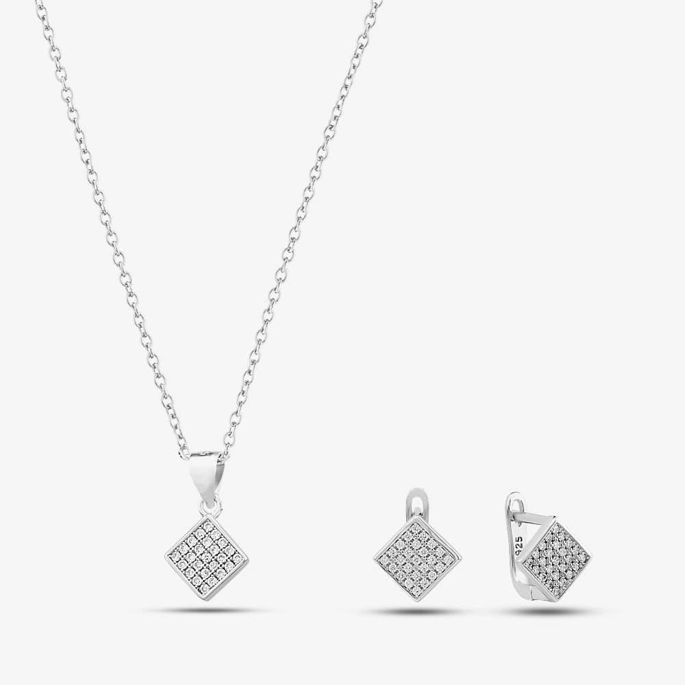 T.H.Baker T.H.Baker Women's Silver & Cubic Zirconia Pave Diamond-Shape Necklace & Earring Set SET16182
