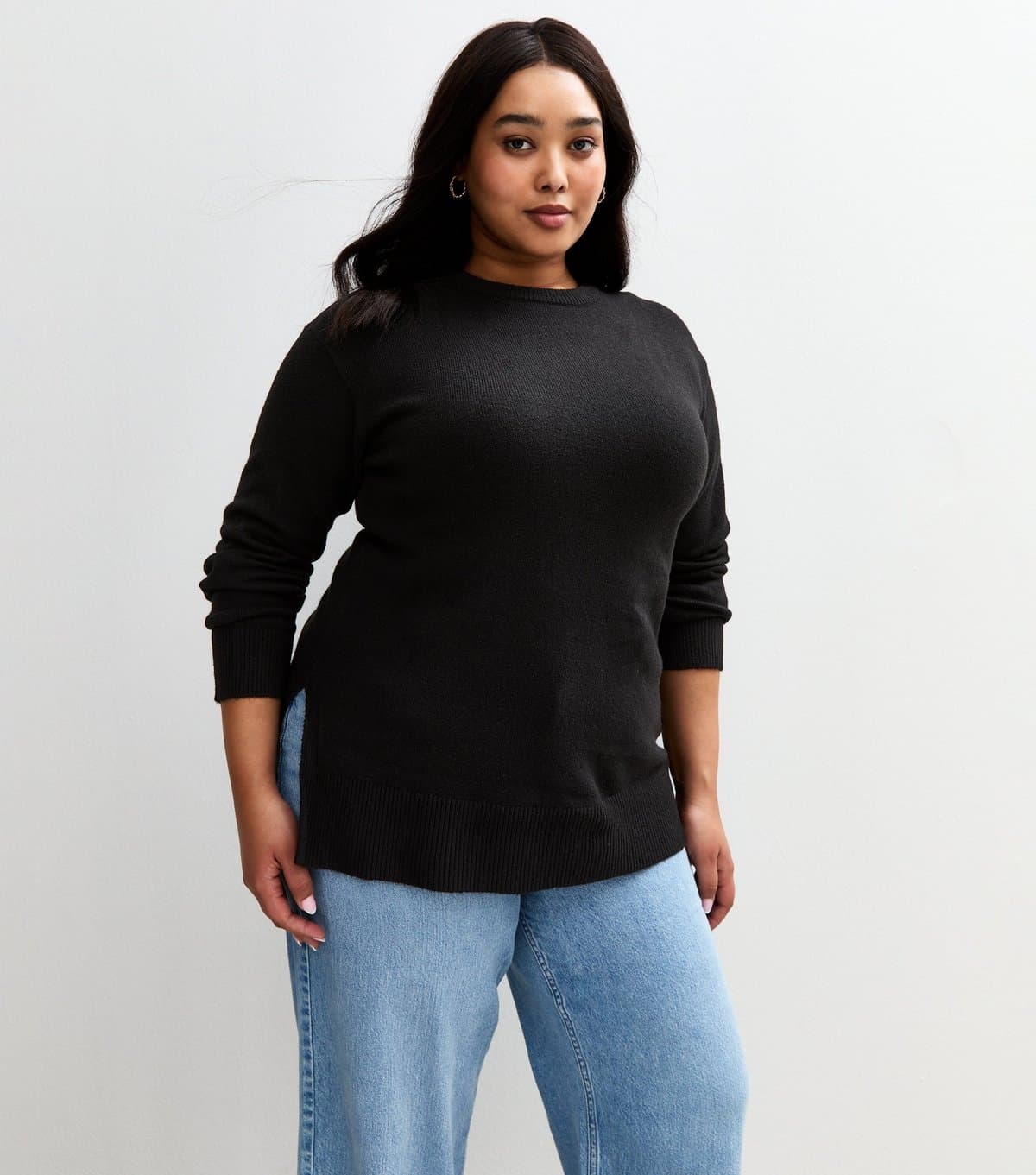 New Look Women's Plus Size Black Crew Neck Split Hem Jumper Curves New Look
