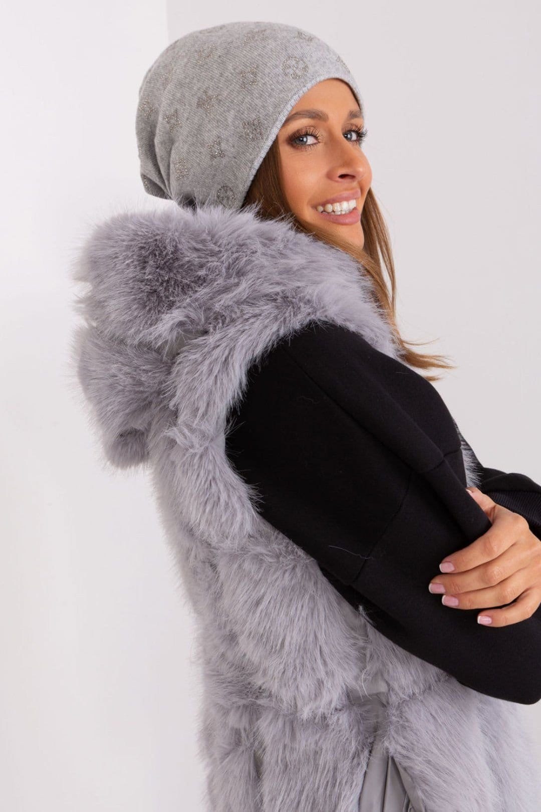 Love Lace Love Lace Women's Warm Cozy Winter Cashmere Beanie Hat with Decorative Rhinestones in Grey - 4
