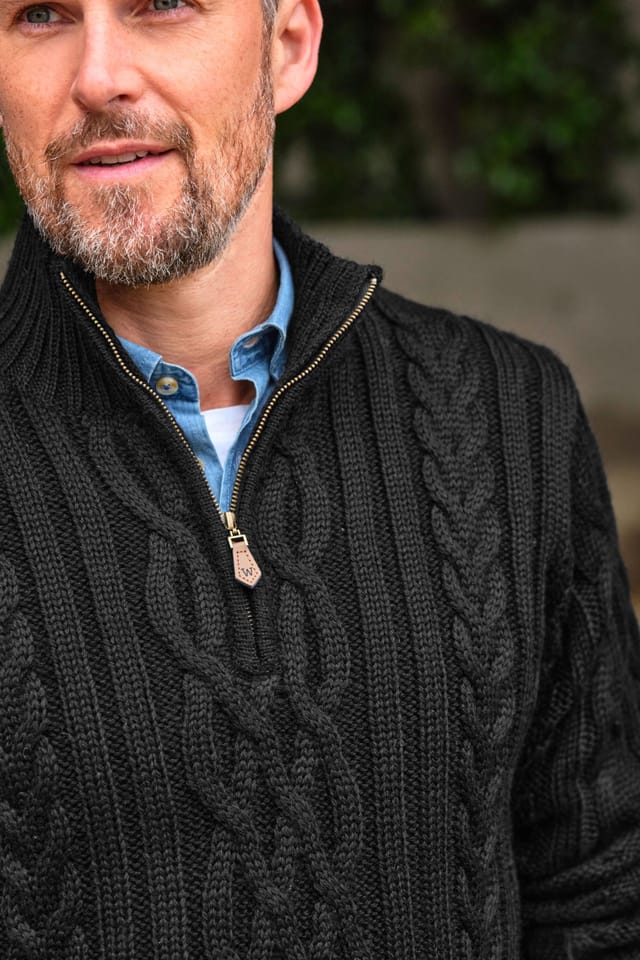 WoolOvers WoolOvers Men's Pure Wool Aran Cable Zip Neck in Black - 2
