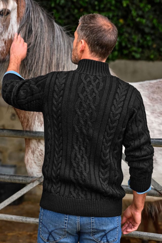 WoolOvers WoolOvers Men's Pure Wool Aran Cable Zip Neck in Black - 3