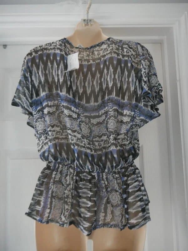 Carbon Carbon Blouse Ladies Size 10 Blue Aztec Crochet Neck Chiffon Top Summer BNWT