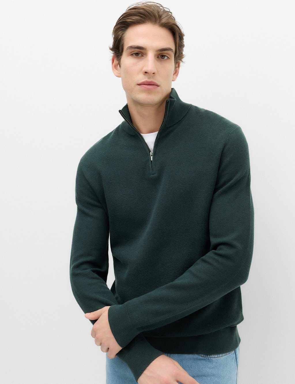Marks & Spencer M&S Pure Cotton Textured Half Zip Jumper Dark Evergreen