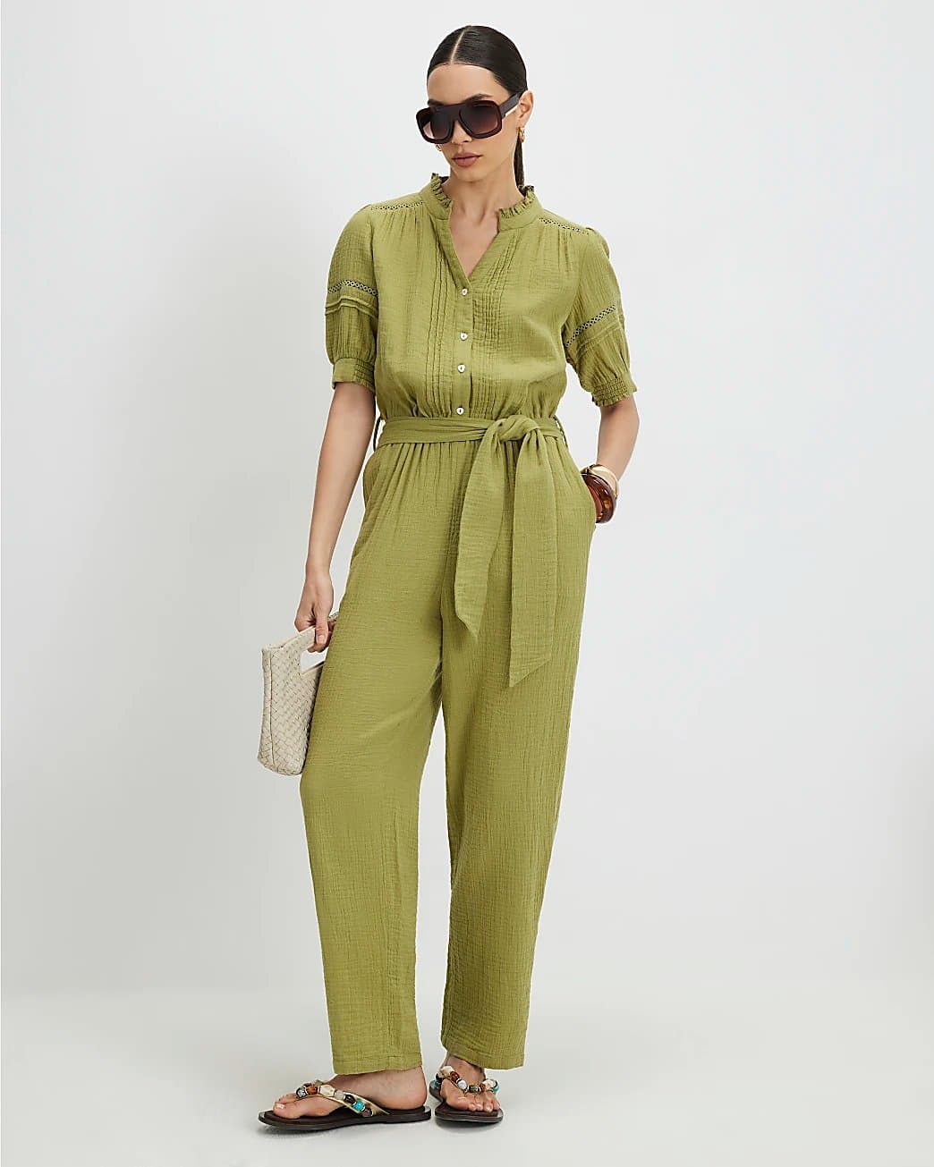 River Island River Island Womens Green Cotton Textured Jumpsuit