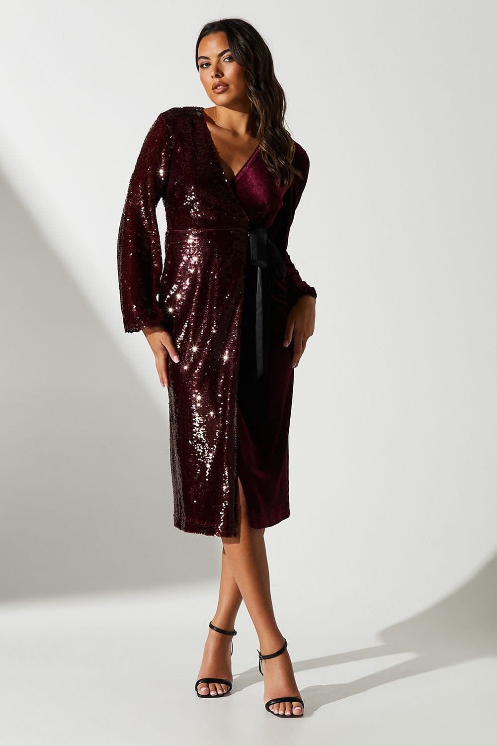Coast Coast Women's Party Sequin Long Sleeve Velvet Wrap Dress in Oxblood