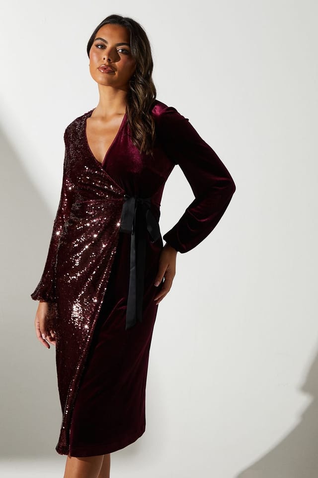 Coast Coast Women's Party Sequin Long Sleeve Velvet Wrap Dress in Oxblood - 2