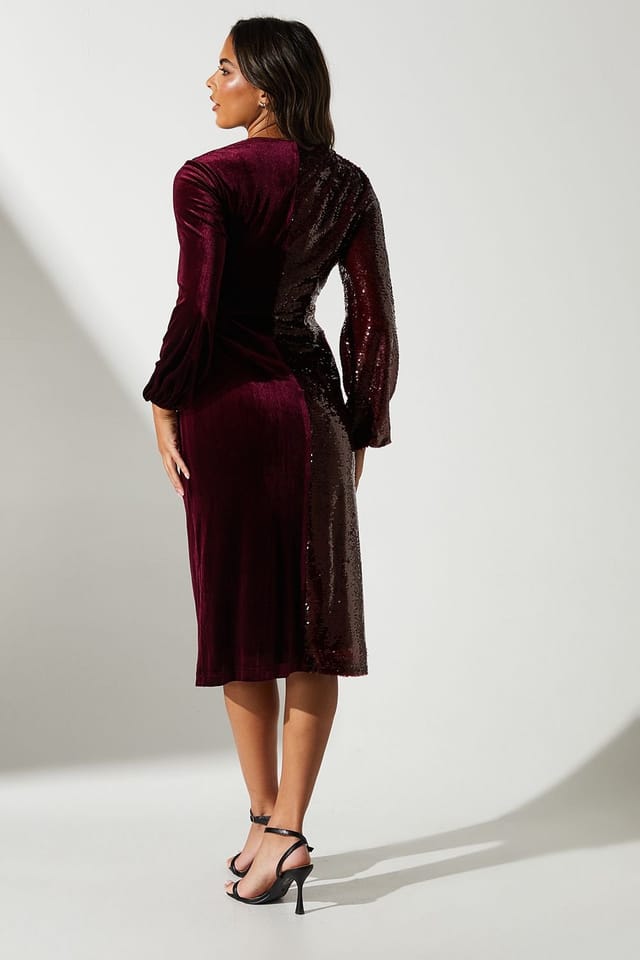Coast Coast Women's Party Sequin Long Sleeve Velvet Wrap Dress in Oxblood - 3