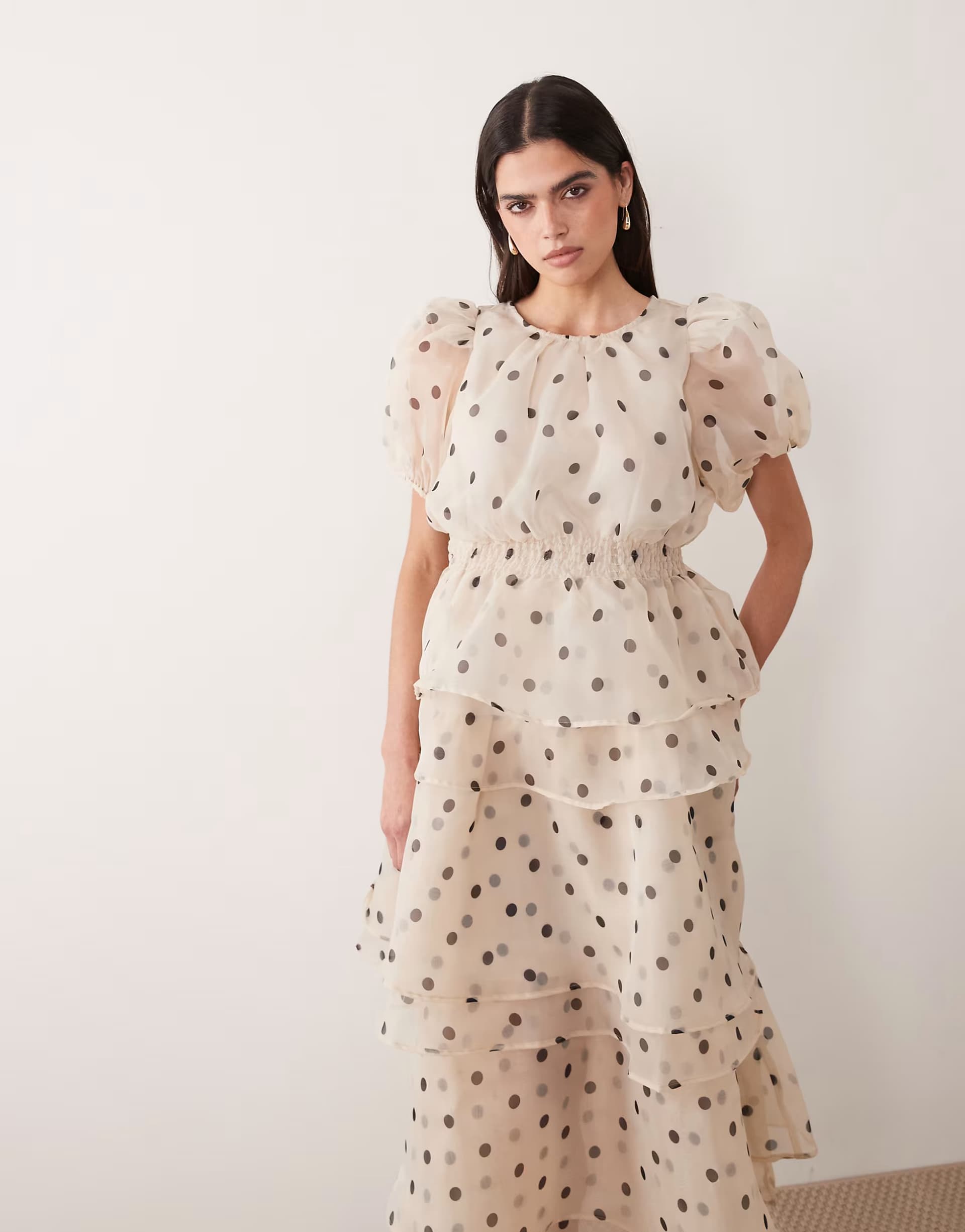 ASOS Vila polka dot volume sleeve ruffle midi dress in cream