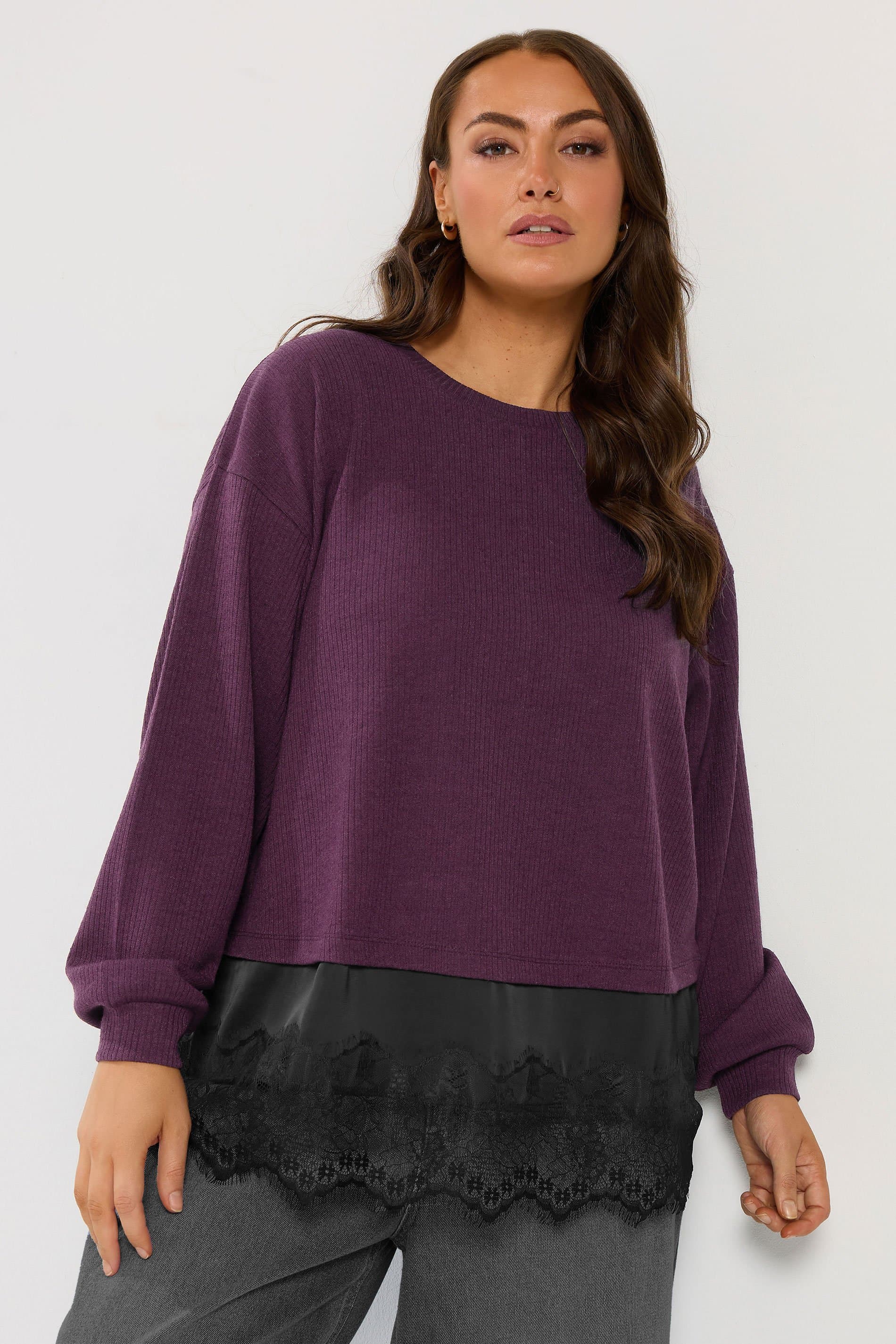 Yours Plus Size Plum Purple Lace Hem Top