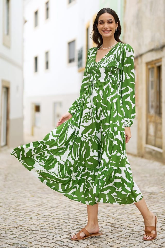 Yumi Yumi Women's Green Abstract Print Ruched Midi Dress With Long Sleeves - 2