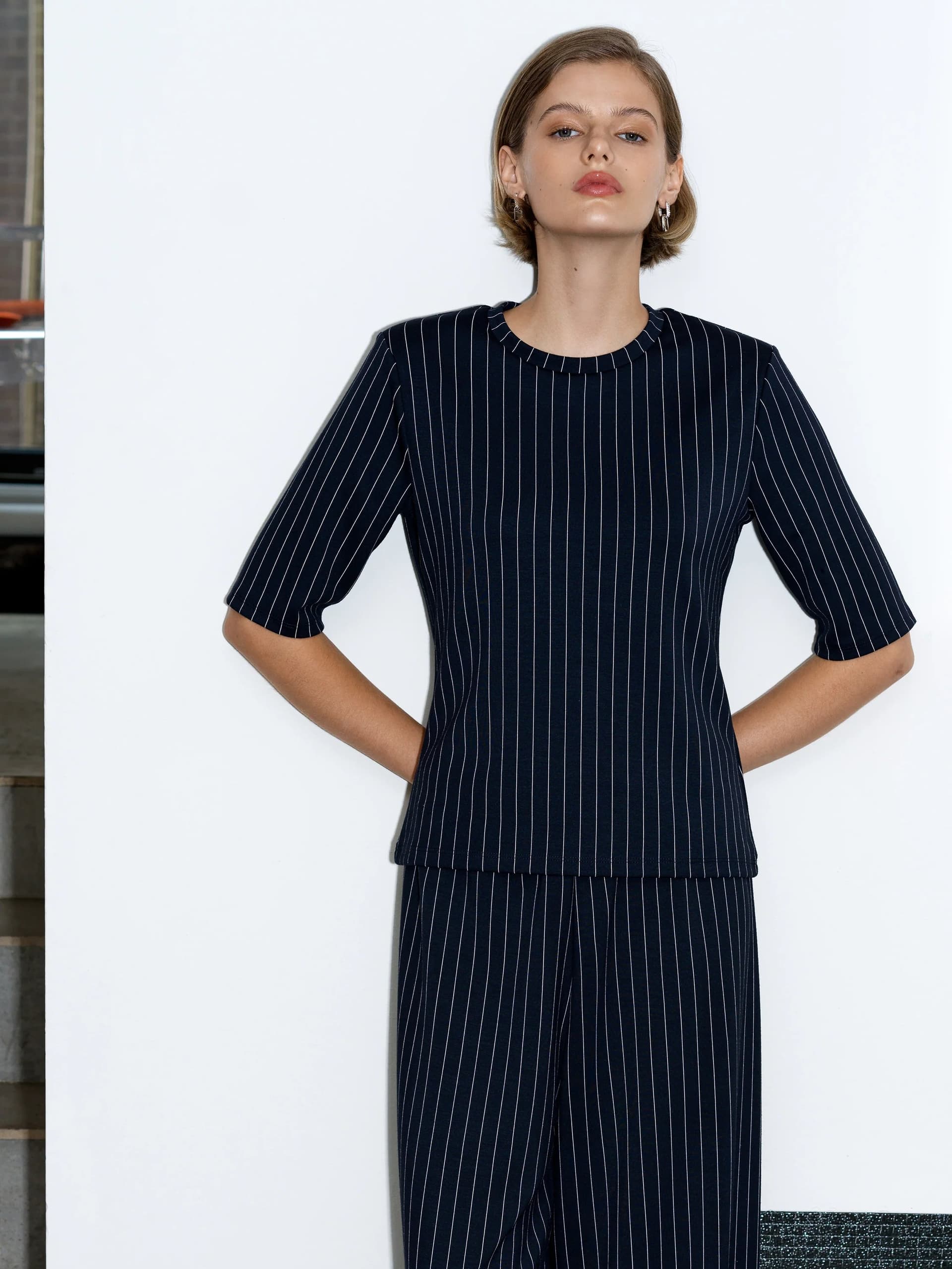 French Connection Regina Jersey Pinstripe Shoulder Pad T-Shirt Navy White