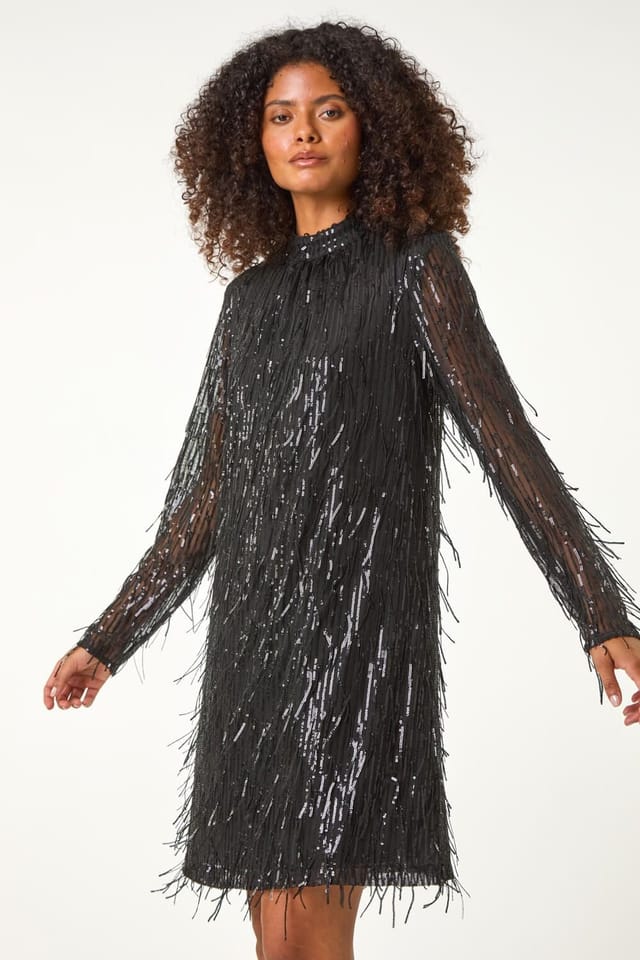 Dusk Dusk Women's All Over Fringe Shift Dress in Black - 3