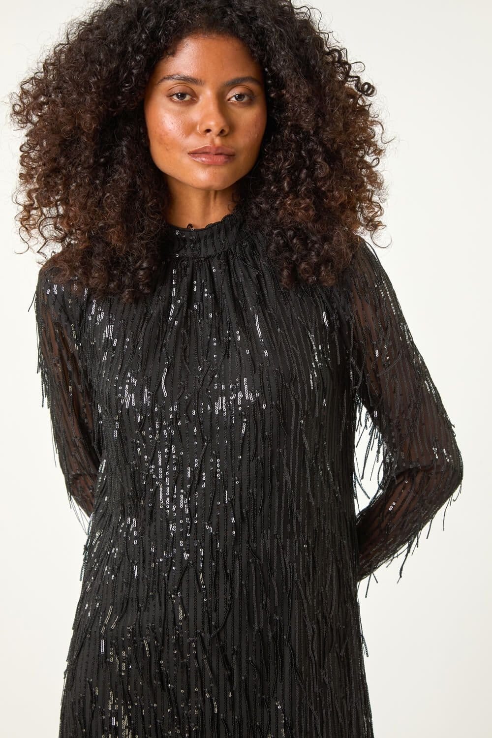 Dusk Dusk Women's All Over Fringe Shift Dress in Black - 4