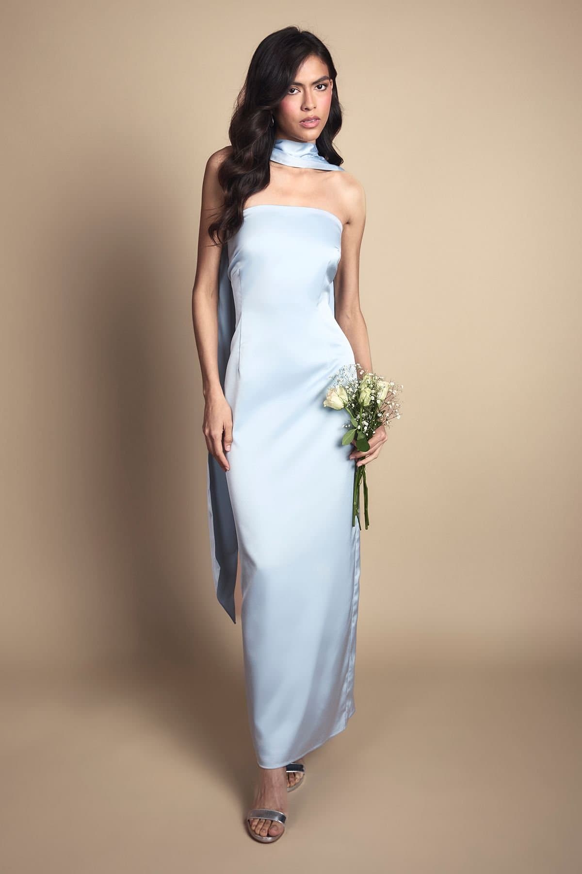 Oasis Oasis Women's Light Blue Bandeau Satin Bridesmaid Maxi Dress With Scarf
