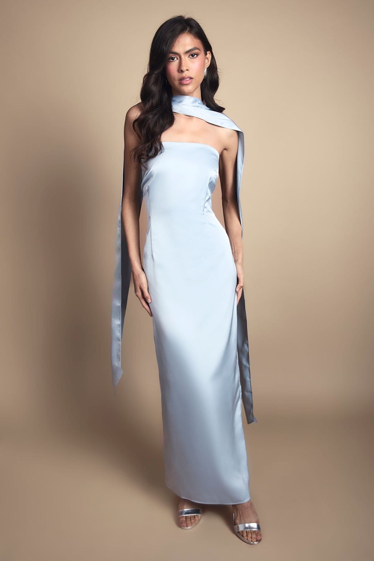 Oasis Oasis Women's Light Blue Bandeau Satin Bridesmaid Maxi Dress With Scarf - 4