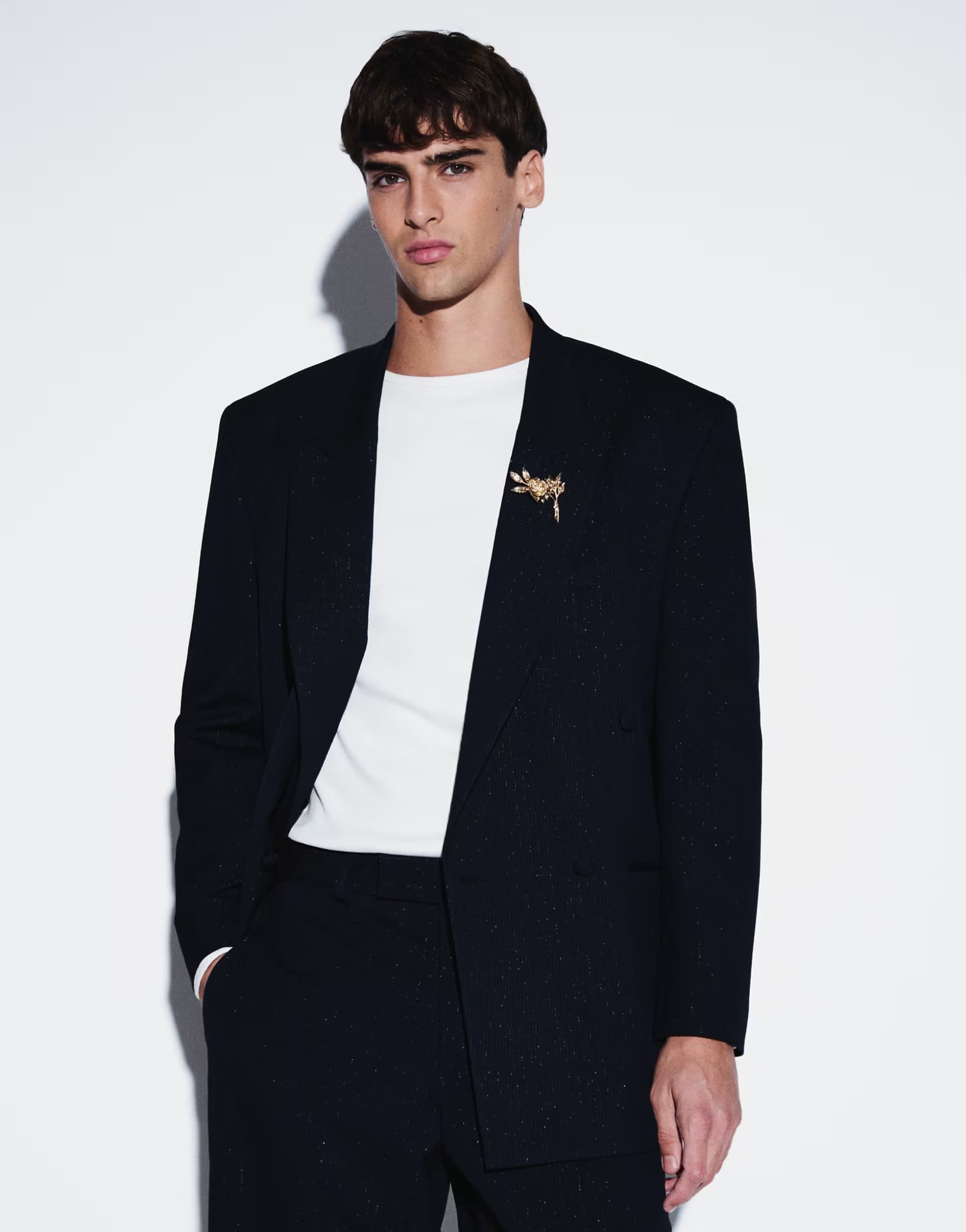 ASOS ASOS DESIGN relaxed double breasted suit jacket in navy metallic pinstripe
