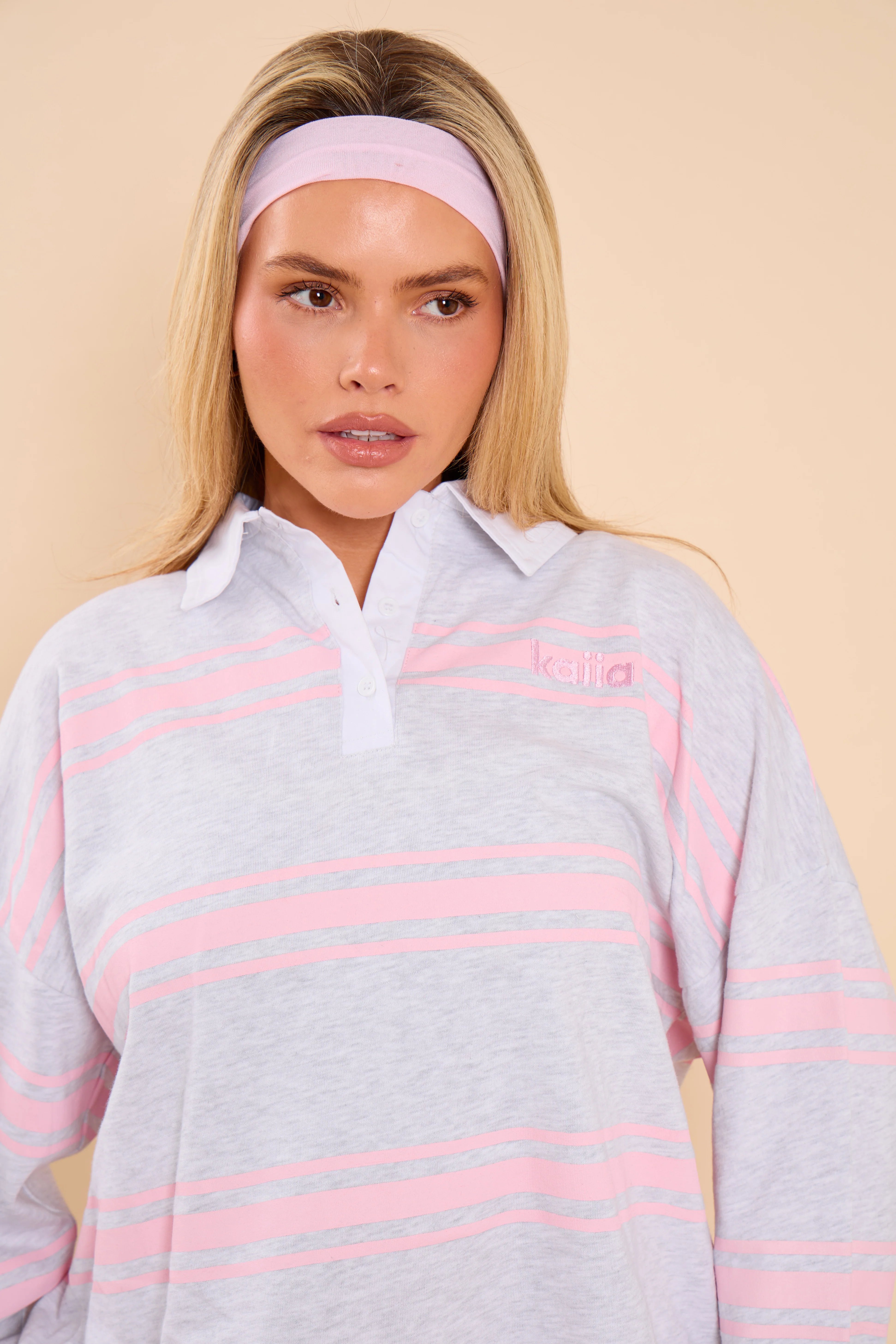Kaiia Kaiia Striped Oversized Rugby Shirt Light Grey Marl & Pink Sugar - 2